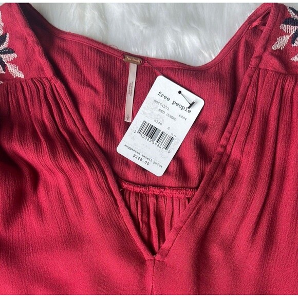 $148 NWT FREE PEOPLE SIZE S FLORAL EMBROIDERED BELL SLEEVES MINI DRESS RED Sz S - Picture 7 of 10
